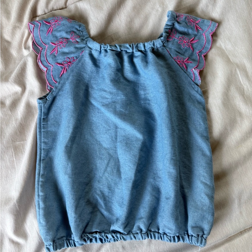 btween Denim Blue Kids Top with Pink Floral Embroidery
